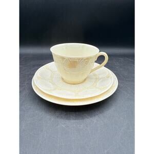 Set 2 Belleek Porcelain Cream Yellow Luster Seashell Saucers wTea Cup